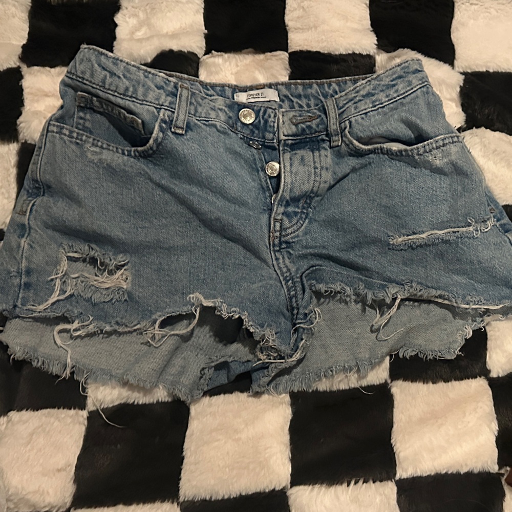 Forever 21 Distressed Denim Shorts - Blue